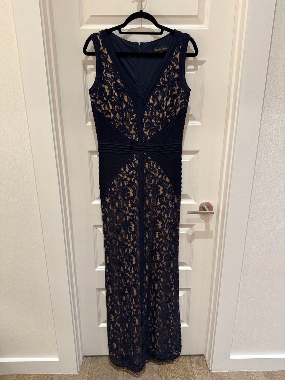 Tadashi Shoji - Navy Lace Maxi Dress with Nude Underlayer